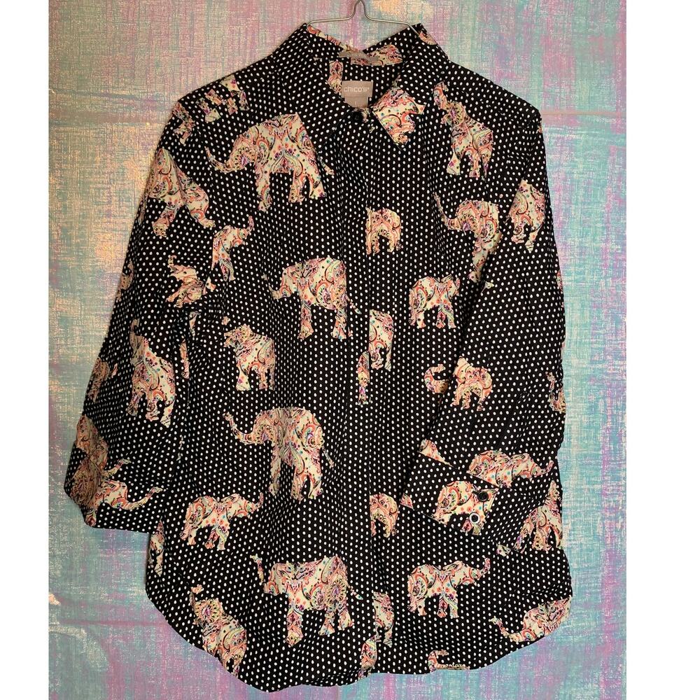 Chico's No-Iron Cotton Stain Shield Elephant-Print Shirt Womens Sz 1 Bohemian
